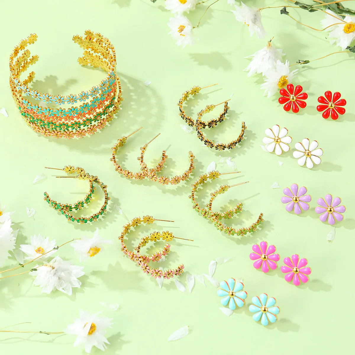 Boucles d'Oreilles Créoles et Clous en Acier Inoxydable Émail Marguerite Bracelet Ouvert pour Femmes Bijoux Floraux d'Été