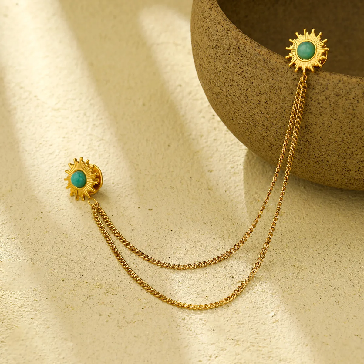 Épingle de Col Broche Double Chaîne en Acier Inoxydable Tournesol Avec Pierre Naturelle Verte Bijoux Vintage Plaqué Or Femme