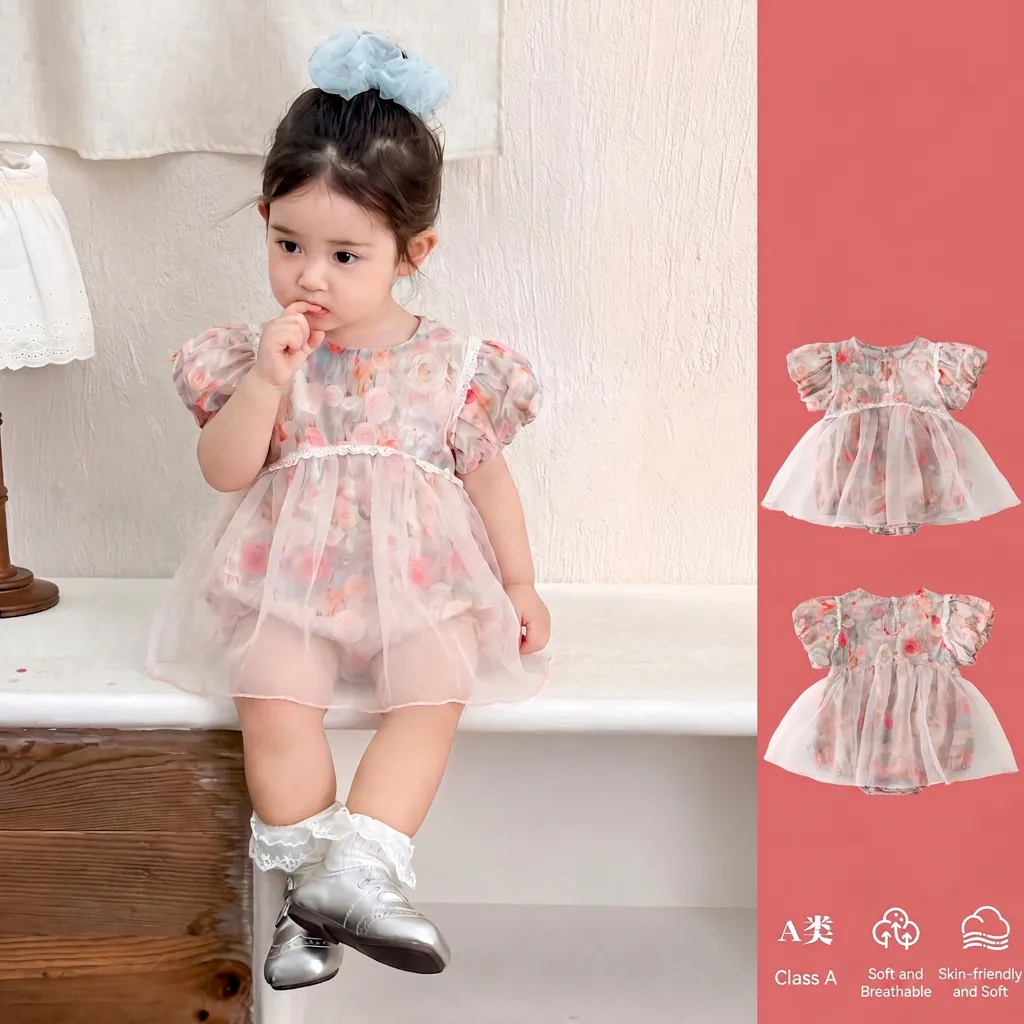 Pagliaccetto Estivo da Neonata con Stampa Floreale Vestito da Principessa in Pesca Tulle Cotone Maniche a Sbuffo Pizzo