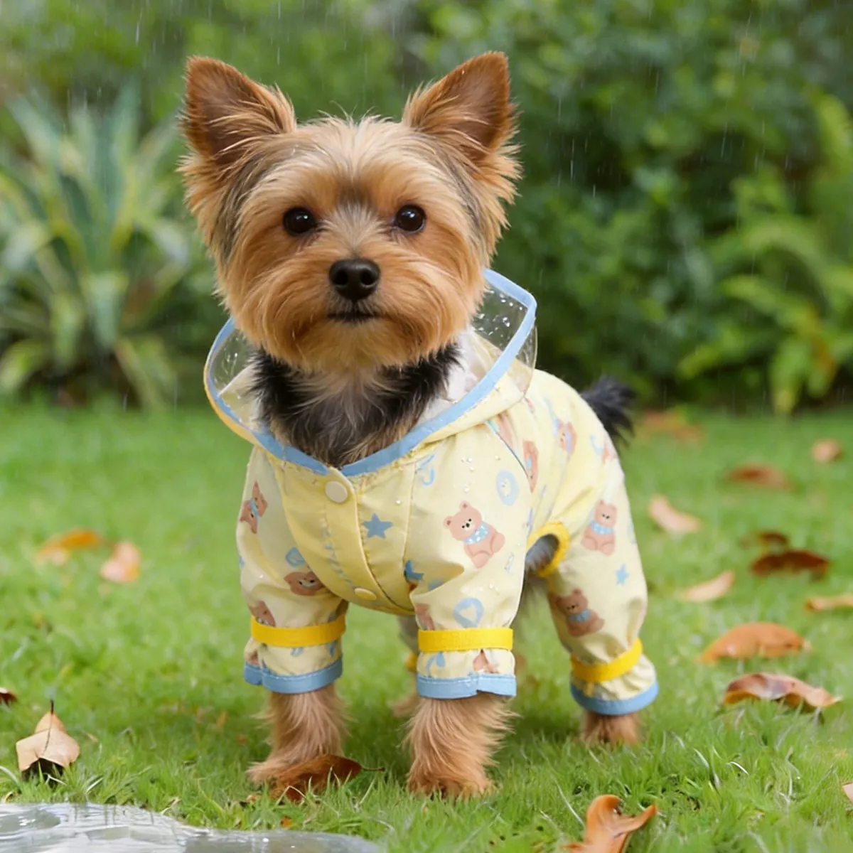 Waterproof Pet Dog Raincoat Cute Cartoon Bear Print Legged Jumpsuit With Transparent Hood For Small Medium Dogs Yellow Blue