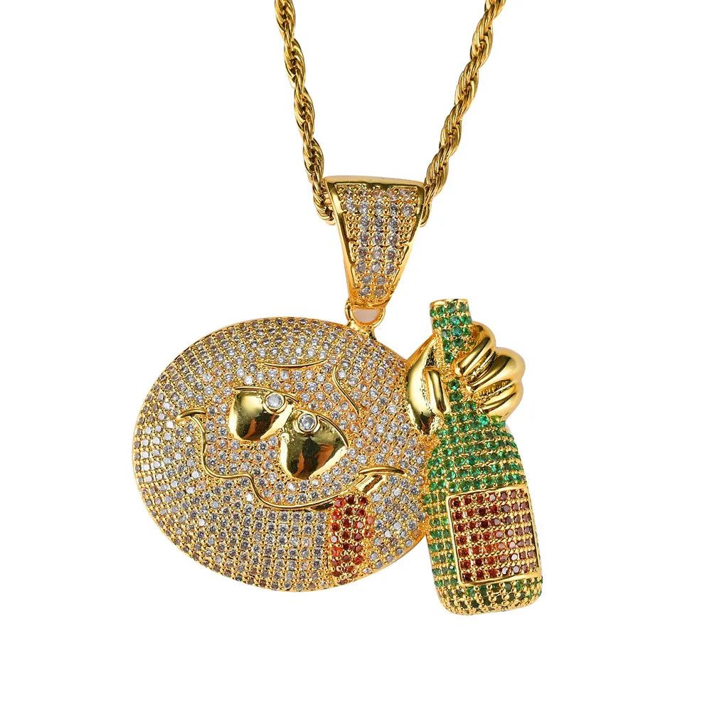 Collana con Ciondolo Emoji Ubriaco Iced Out Zirconia Hip Hop per Uomo Donna Rame Placcato Oro Occhiali da Sole Smiley con Bottiglia di Vino Gioielli Streetwear