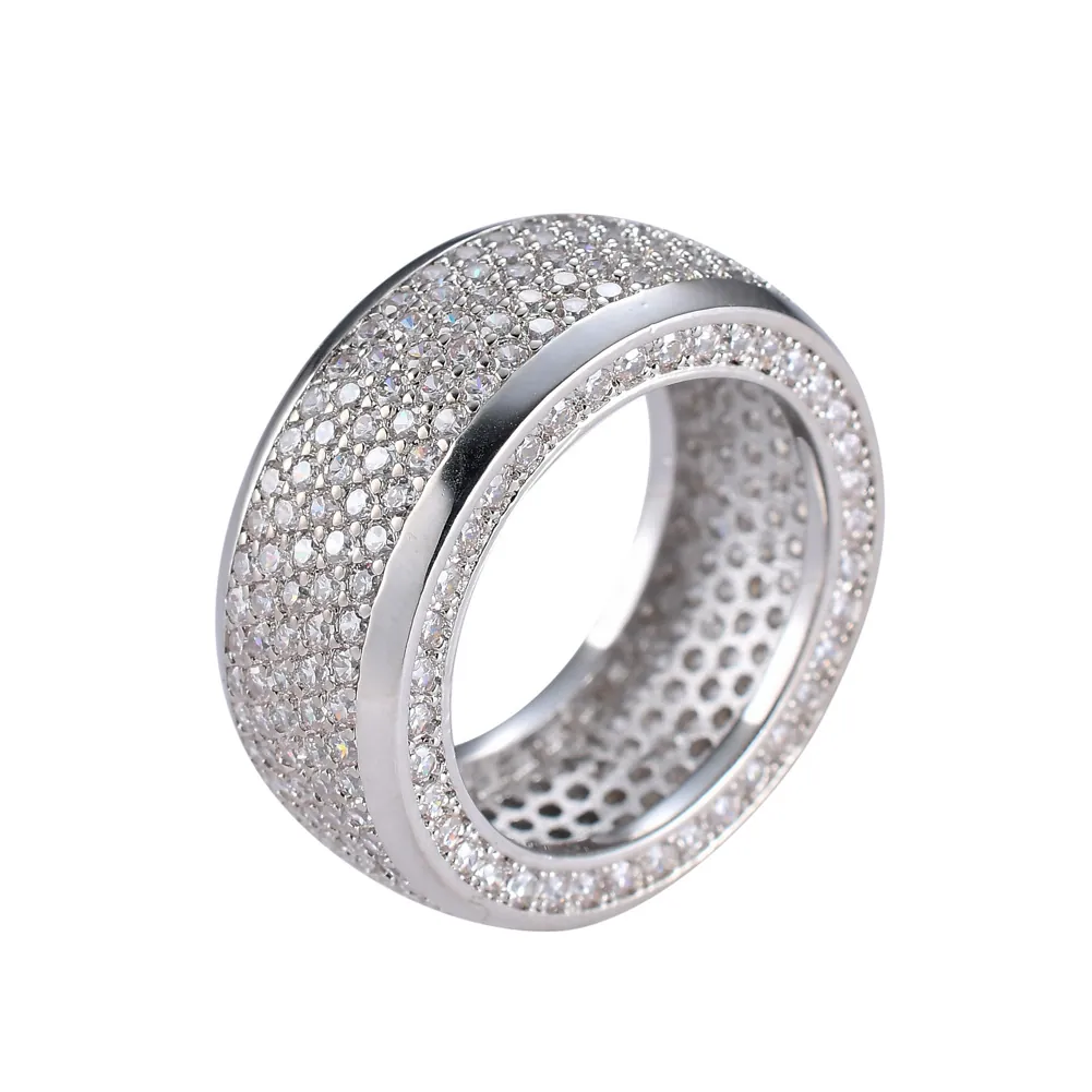 Anello in Rame Largo da Uomo Hiphop Con Pavé di Zirconia AAA Placcato Oro Argento Gioielli di Lusso per Dita