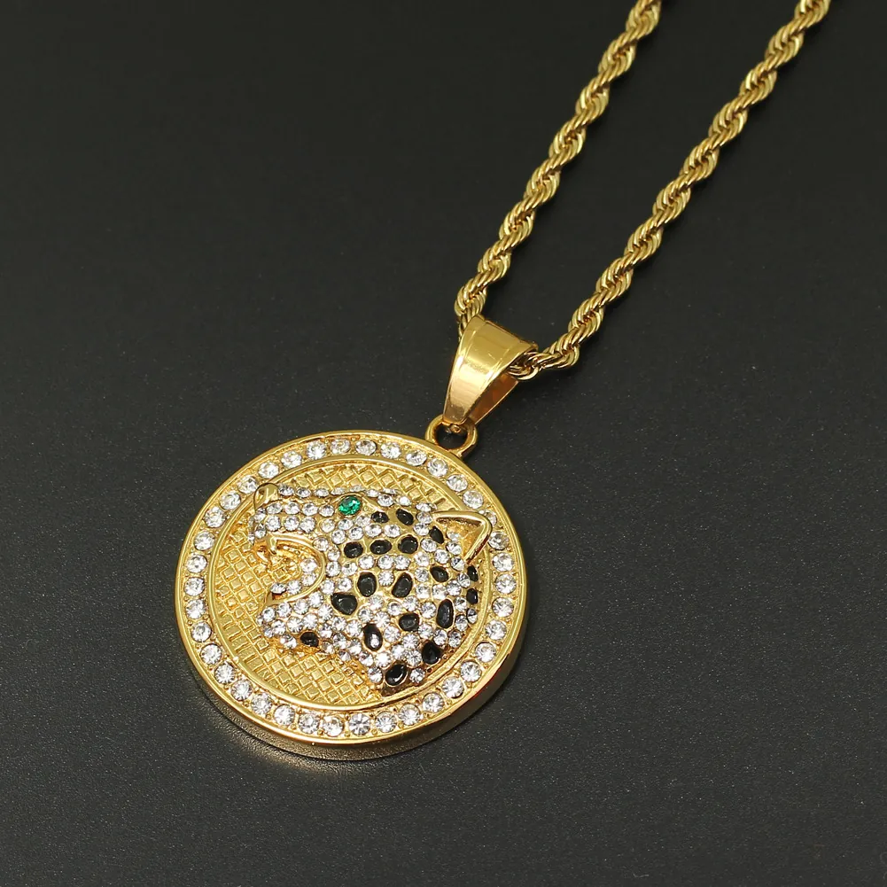Hip Hop Stainless Steel Leopard Head Pendant Necklace Iced Out Zirconia Animal Necklace With Rope Chain For Men Women Jewelry