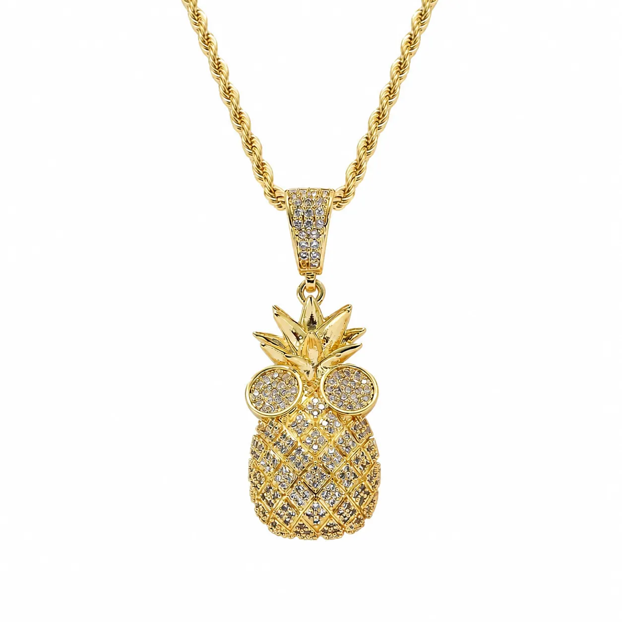 Collar con Colgante de Piña con Gafas de Sol Hip Hop para Hombre Mujer Joyería de Cobre Chapado en Oro Plata con Zirconia y Cadena de Cuerda de Acero Inoxidable