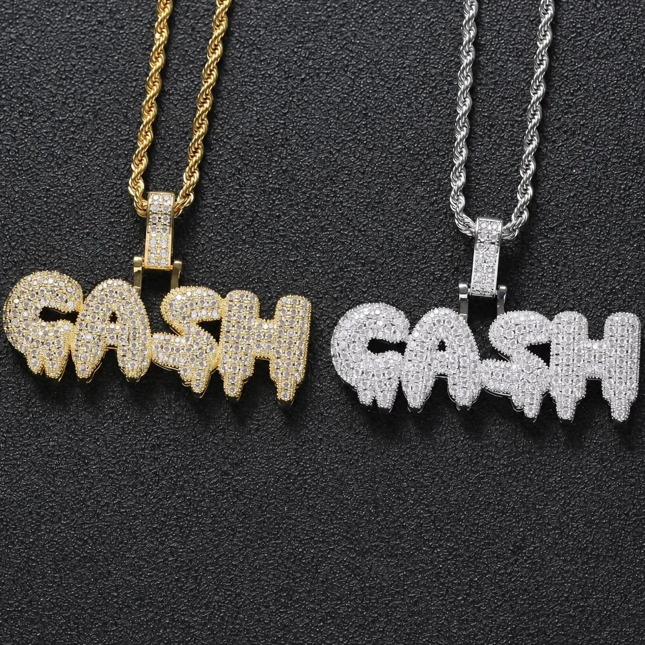 Hip Hop Iced Out CASH Γράμμα Μενταγιόν Κολιέ για Άνδρες Χρυσό Ασημί Επιμεταλλωμένο Χαλκός Μικρο Ζιργκόν Ανοξείδωτο Ατσάλι Αλυσίδα Σχοινί