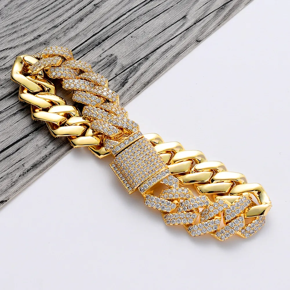 Bracelet à Maillons Cubains Hip Hop Iced Out Pavé Zircone AAA Bijoux en Cuivre pour Hommes Streetwear Avec Fermoir Boîte
