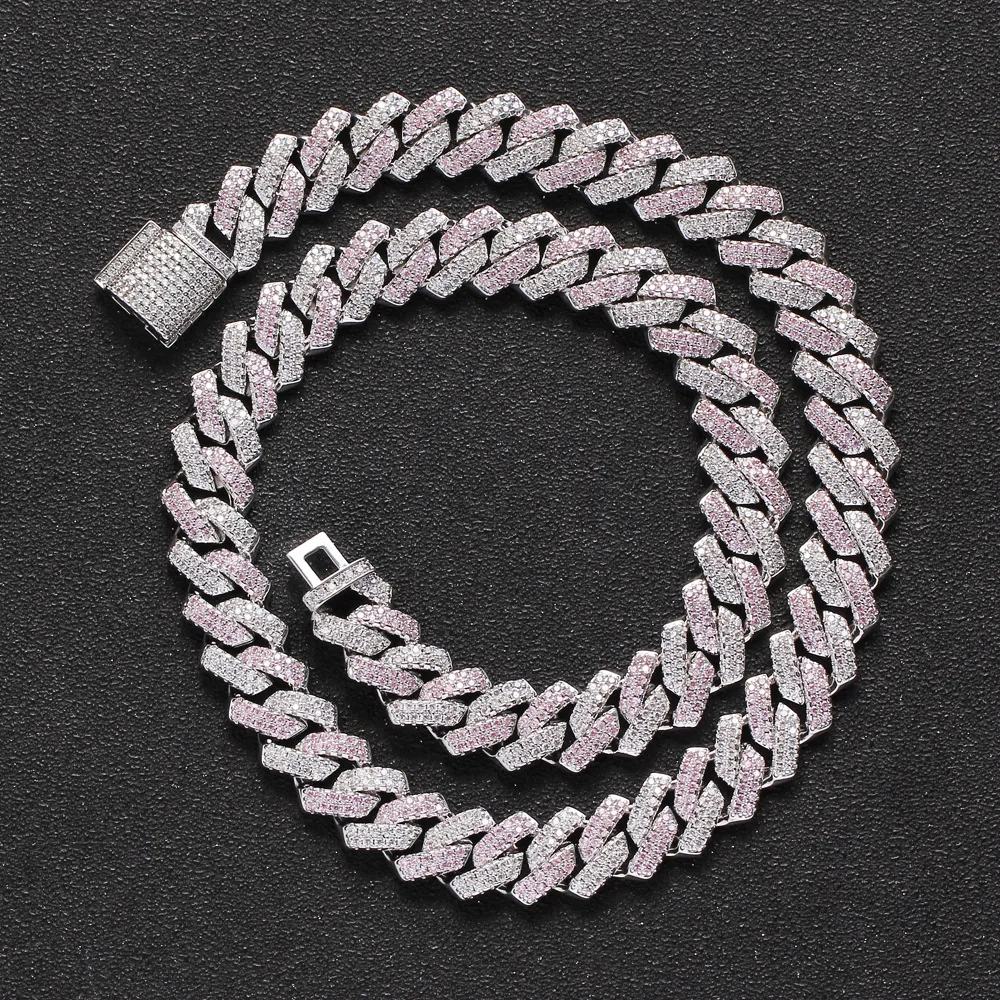 Collar Pulsera Cadena de Eslabones Cubanos Hip Hop Iced Out Circonita Rosa Blanca Joyería de Cobre Para Hombre Con Cierre Caja