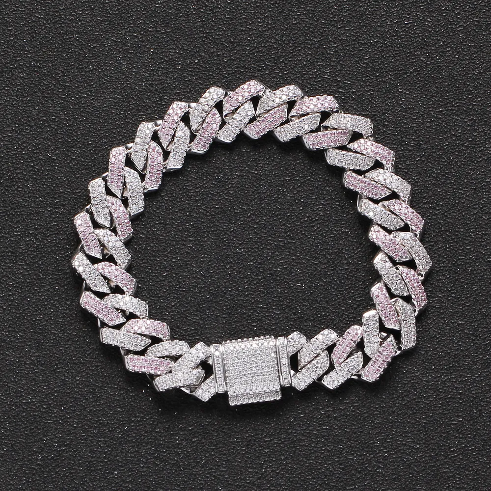 Pulsera de Cadena Cubana Iced Out Cobre Zirconia Blanco Rosa Hip Hop para Hombre Joyería de Moda Streetwear Cierre de Caja
