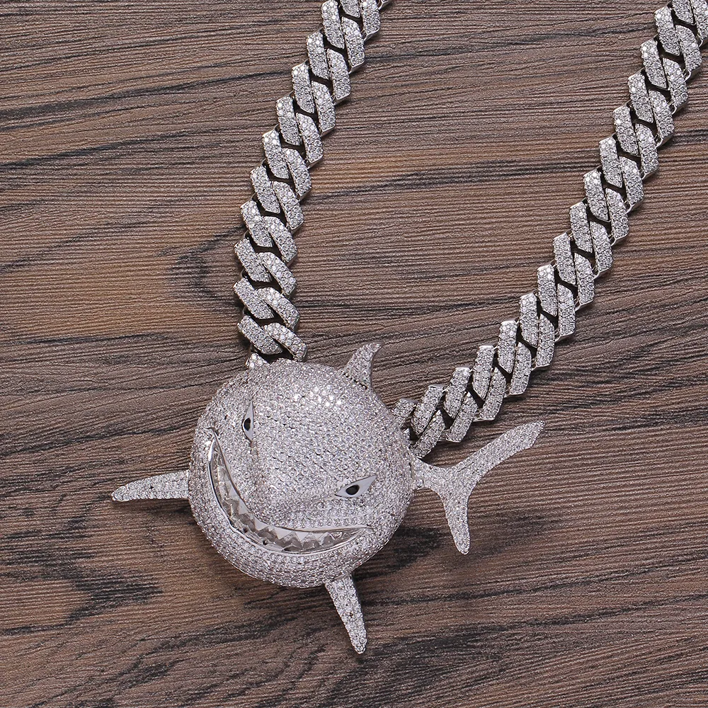 Hip Hop Shark Pendant Necklace Iced Out Copper Zircon Gold Silver Plated Cuban Link Chain Jewelry For Men