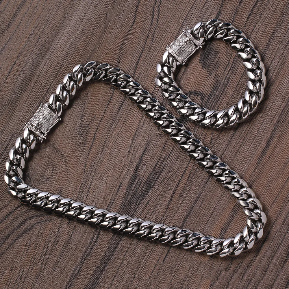 Stainless Steel Cuban Link Necklace With Copper Zirconia Box Clasp Hip Hop Iced Out Chain For Men Party Jewelry