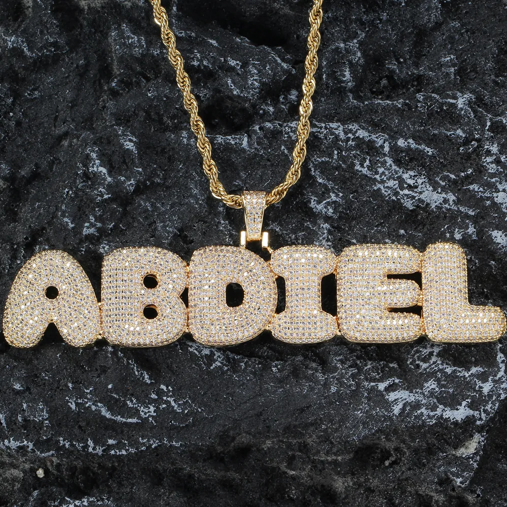 Hip Hop Bubble Letter Pendant Necklace Stainless Steel Rope Chain Micro Paved Zircon Copper Plated Jewelry For Men Women