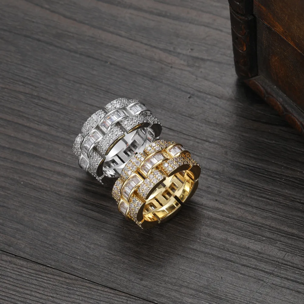 Anello Hip Hop a Fascia Larga da Uomo in Rame e Zirconia Iced Out Bling Anello a Catena Cubana Oro Argento Placcato Gioielli Punk