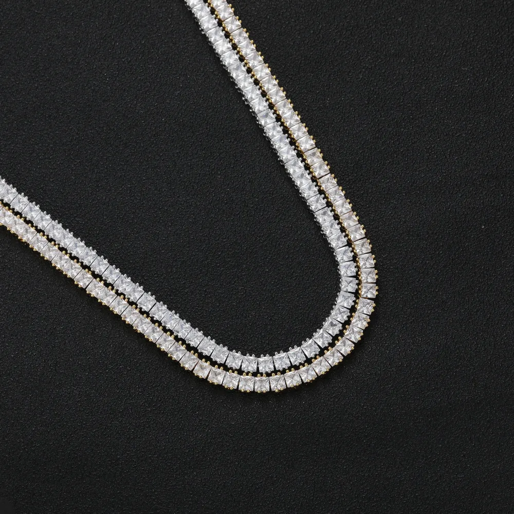 Hip Hop Gold Silver Plated Copper Necklace Square Zirconia Tennis Chain For Men Women Party Iced Out Jewelry Single Row Chain