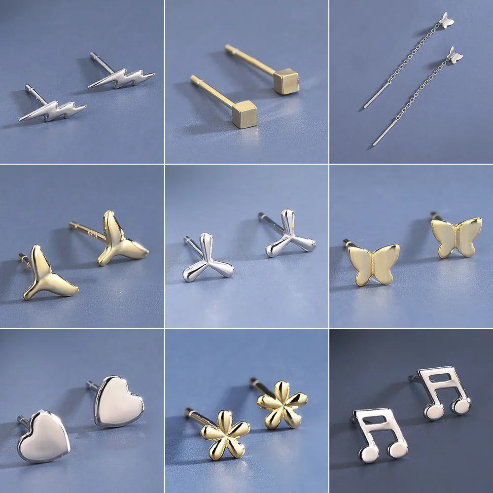 Minimalistische 925 Sterlingsilber Ohrstecker Herz Blitz Musiknote Walschwanz Schmuck Für Frauen Geschenk