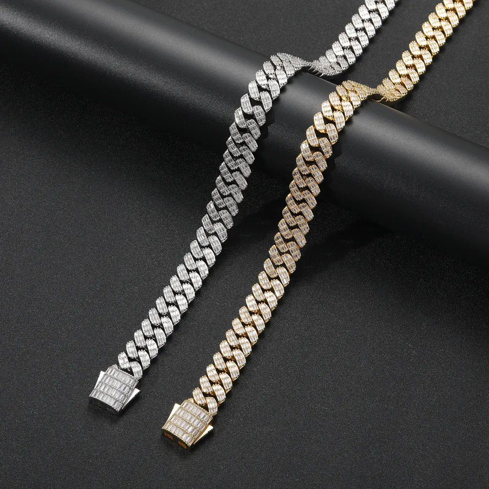 Luxury Cuban Link Chain Necklace Bracelet For Men Hip Hop Copper Zirconia Baguette Cut Inlay Heavy Jewelry Gold Silver