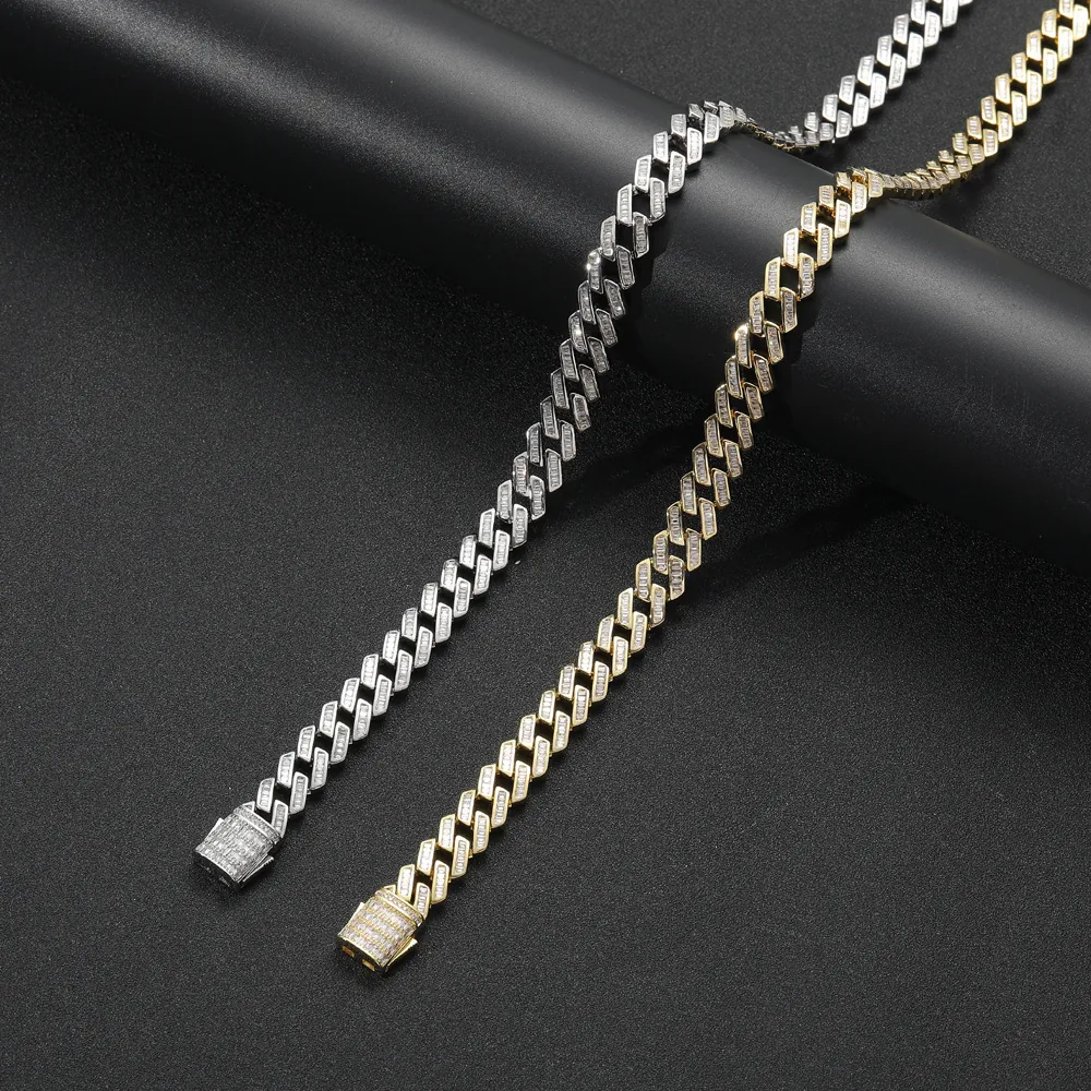 12mm Iced Out Baguette-Schliff Zirkonia Panzerkette Kupfer Hip Hop Halskette Armband Für Herren Gold Silber Schmuck