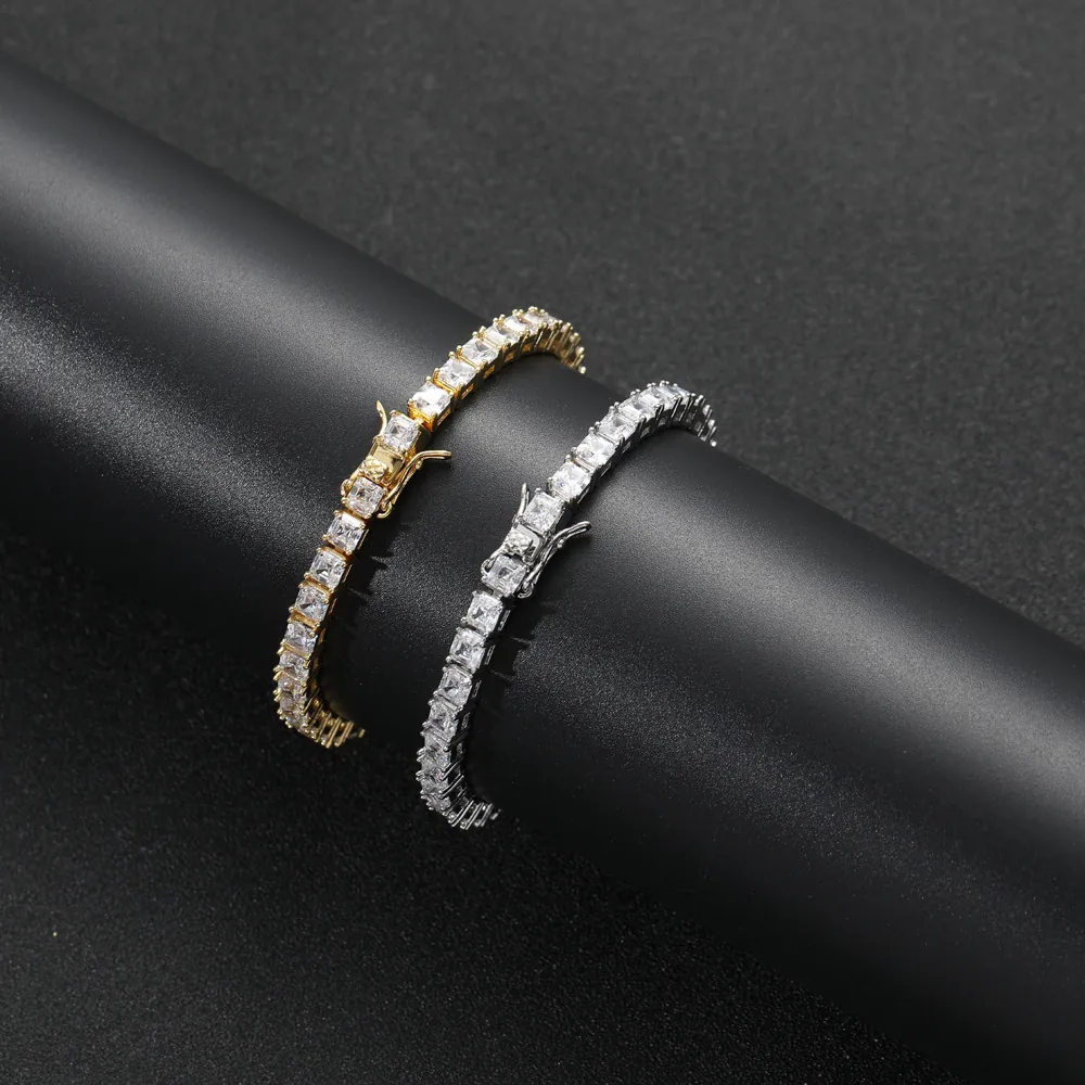 Hip Hop Kupfer Quadratischer Zirkonia Tennis Halskette Armband Für Herren Gold Silber Galvanisiert Luxus Modeschmuck Zubehör