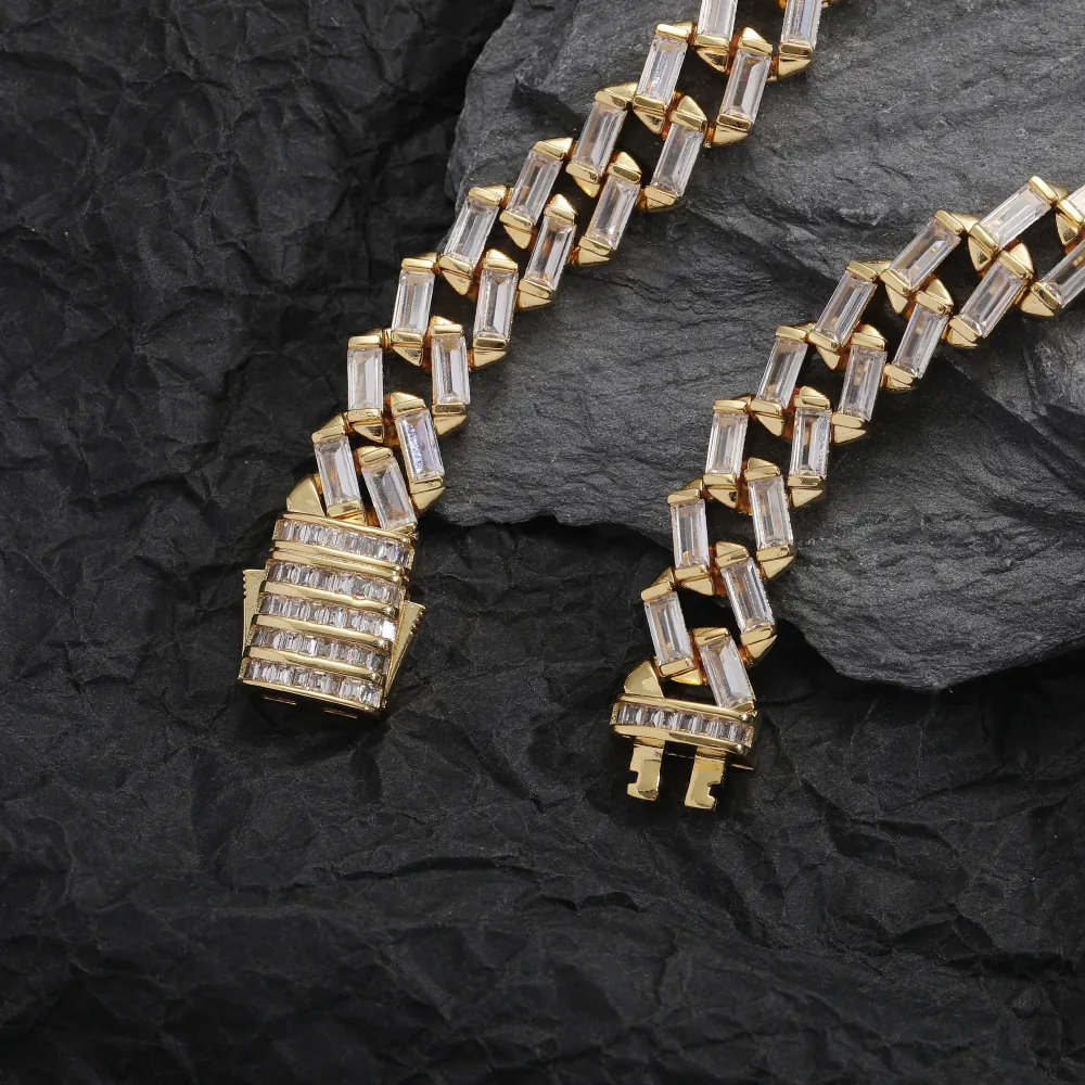 Men's Hip Hop 12mm Baguette Cut Zircon Cuban Link Chain Gold Silver Plated Copper Iced Out Necklace Bracelet Jewelry