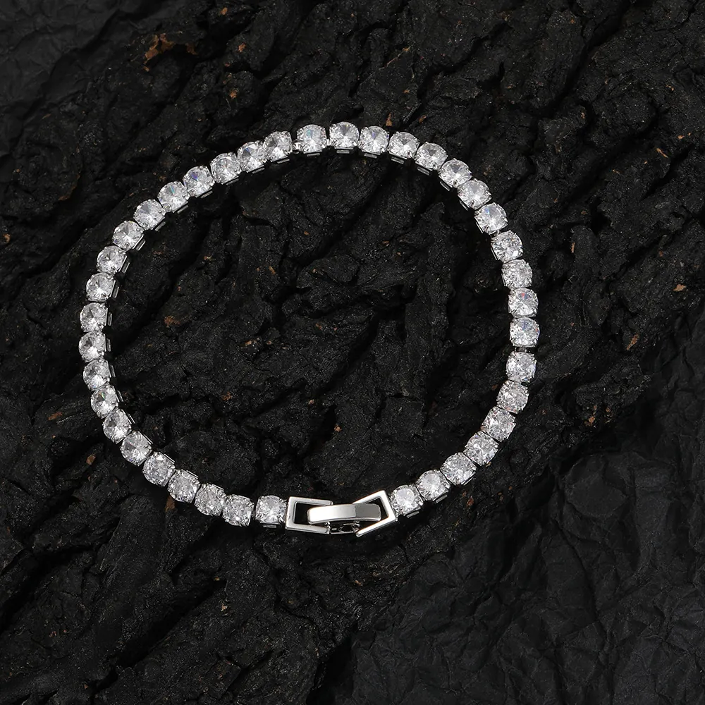 Bracelet Tennis Hip Hop en Cuivre avec Zircone Simple Rangée Étincelant Plaqué Or Argent Chaîne à Griffes Bijoux pour Homme Femme Fête
