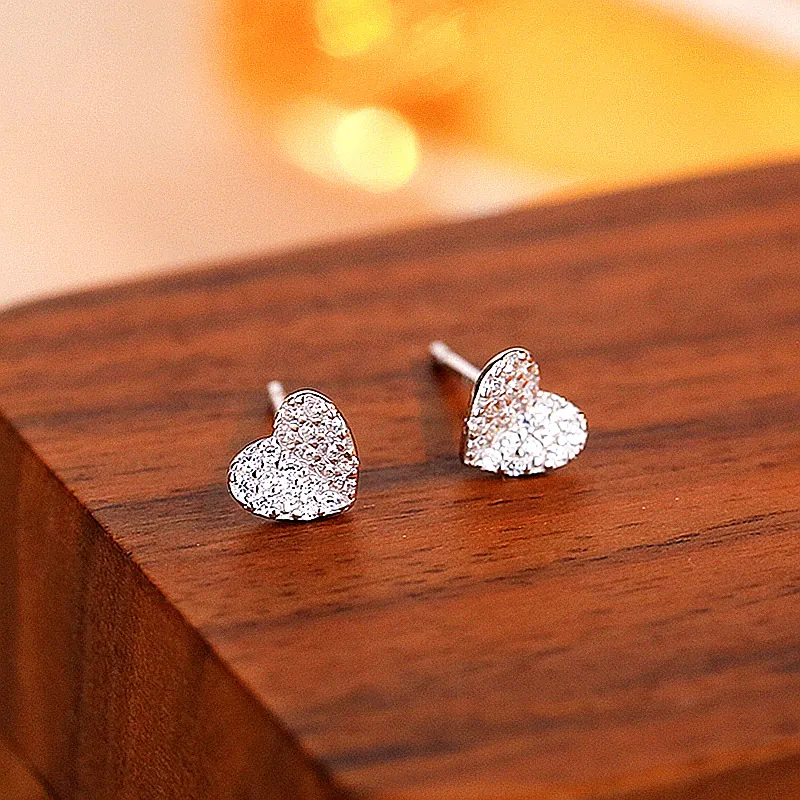 Pendientes de Botón de Corazón de Plata de Ley 925 para Mujer con Zirconia Cúbica Micro Pavé Pequeños Joyas de Moda