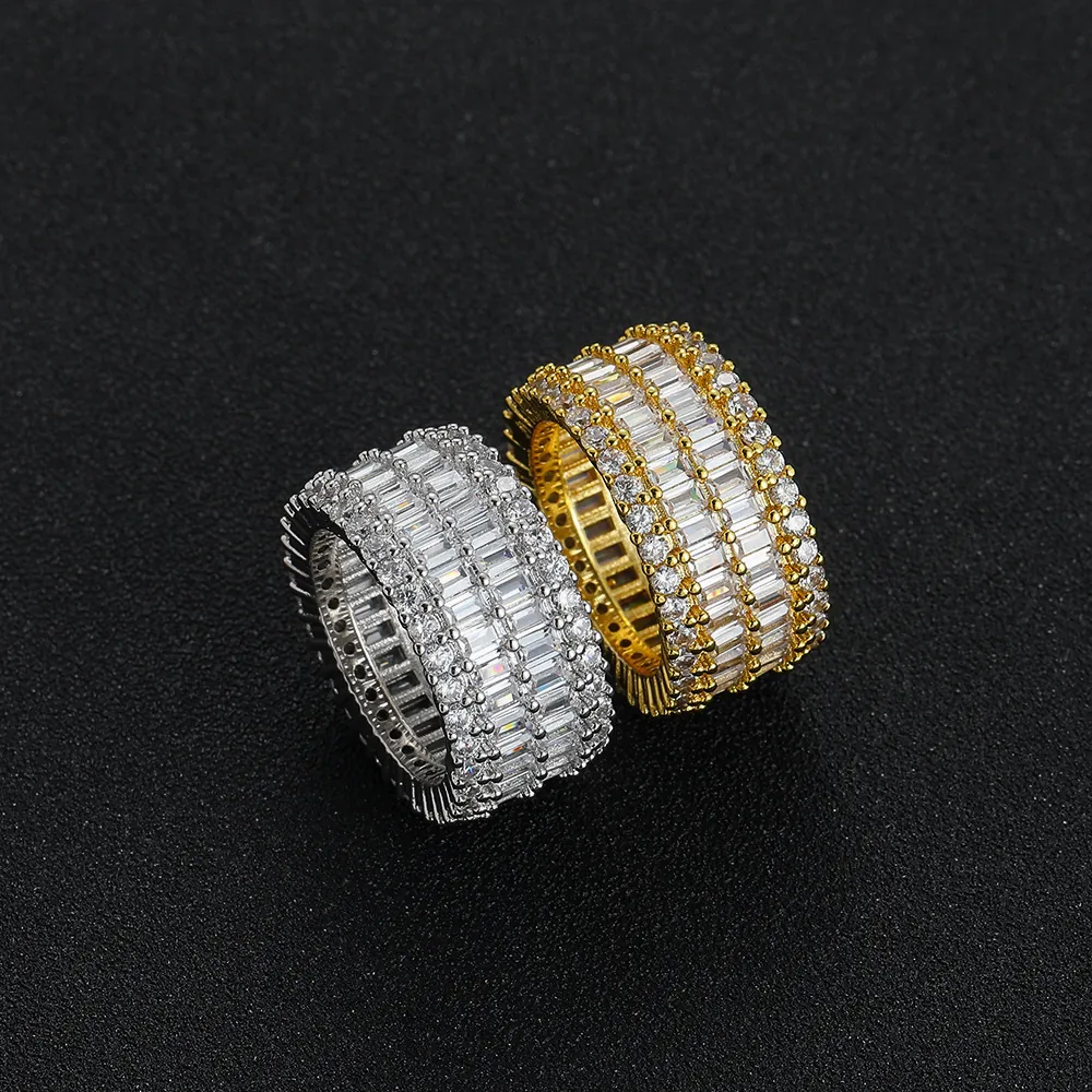 Hip Hop Copper Cubic Zirconia Ring Men Iced Out Baguette Cut Rhinestone Band Ring Gold Silver Plated Luxury Jewelry Gift