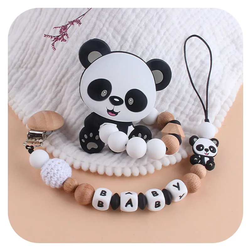 Baby Panda Silicone Teether And Beech Wood Pacifier Clip With Alphabet Beads Handmade Infant Soothing Molar Accessory