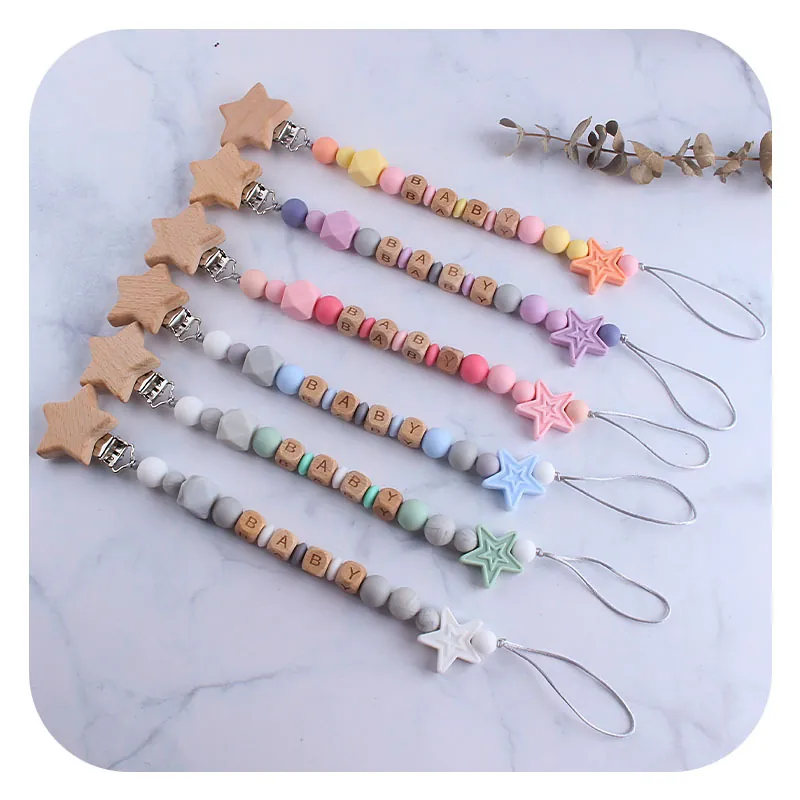 Baby Pacifier Clip Silicone Teething Beads Beech Wood Star Pacifier Chain Anti-Drop Dummy Holder For Infants Newborn Gift