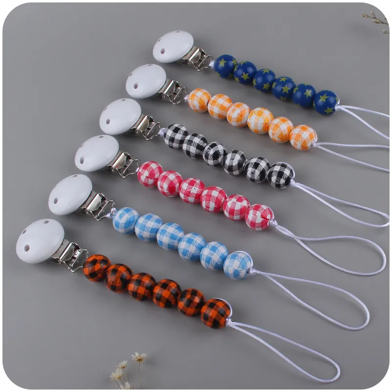 Baby Pacifier Clip Boxwood Silicone Beads Chain Gingham Check Star Pattern Anti-Drop Strap Soother Holder Newborn Accessory
