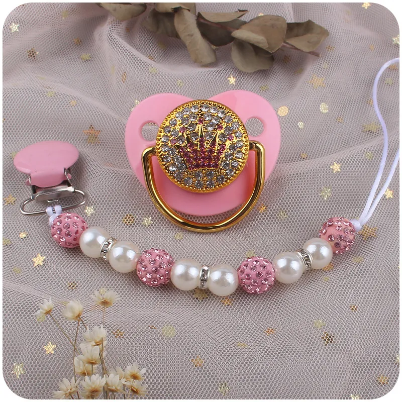 Bling Baby Pacifier And Beaded Clip Crown Pattern Rhinestone Silicone Soother For Infants Gold Pink Blue Options