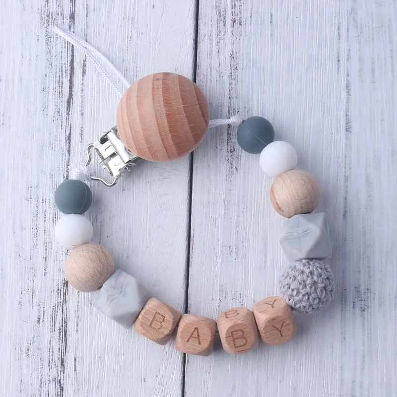 Handmade Beech Wood Silicone Baby Pacifier Clip Alphabet Beads Teething Chain Soothing Anti-Drop Pacifier Holder Leash Strap