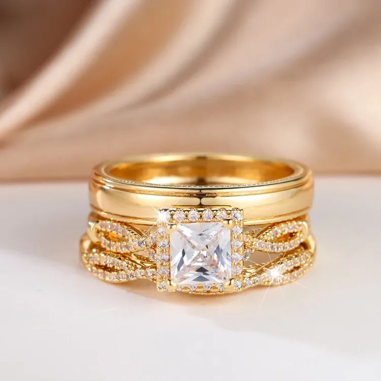 Luxe Ensemble de Bagues Trois Pièces Zircone Cubique Taille Princesse Carré Bicolore Plaqué Or Rose Cuivre Anneau Entrelacé Bagues de Fiançailles pour Hommes Femmes Bijoux