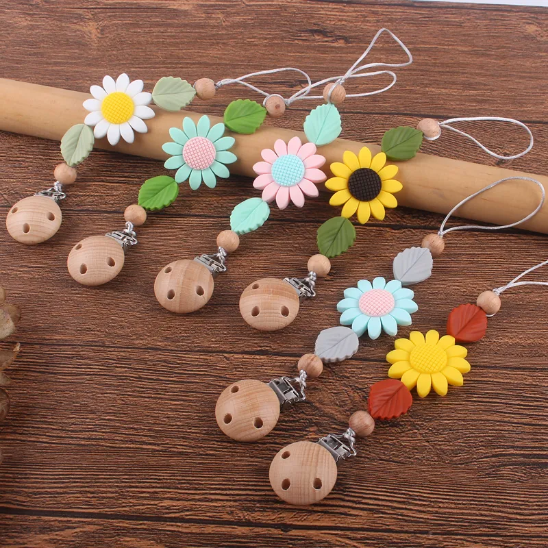 Attache-Tétine en Silicone et Bois de Hêtre pour Bébé Chaîne de Dentition Marguerite Tournesol Anti-Chute pour Nourrissons 24cm