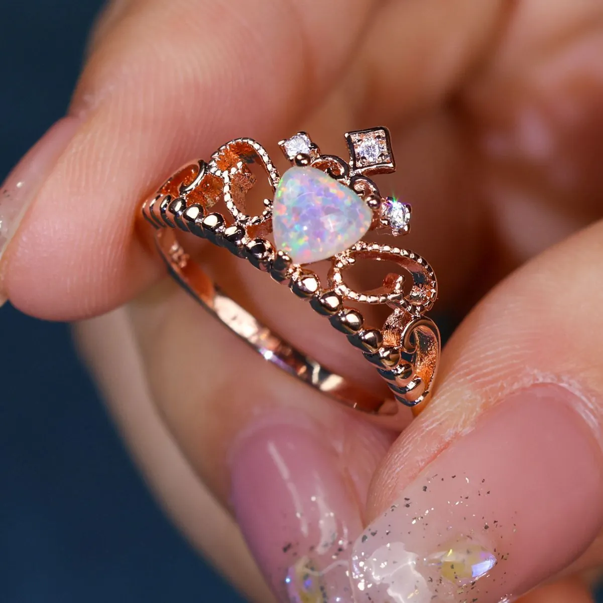 Vintage 925 Sterling Silver Rose Gold Plated Crown Ring Heart Fire Opal Zirconia Tiara Jewelry Gift For Women Girls Fashion