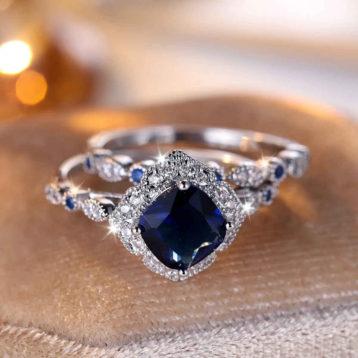 Luxury Royal Blue Square Zirconia Ring Set For Women Silver Plated Copper Halo Wedding Engagement Two Piece Ring Set Jewelry