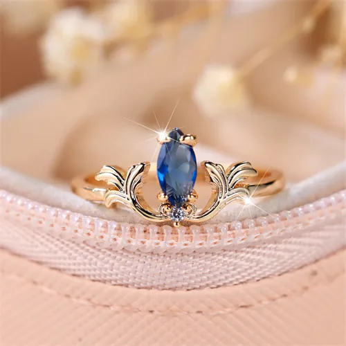 French Vintage Royal Blue Marquise Zirconia Gold Plated Copper Ring For Women Elegant Feather Leaf Hollow Finger Jewelry