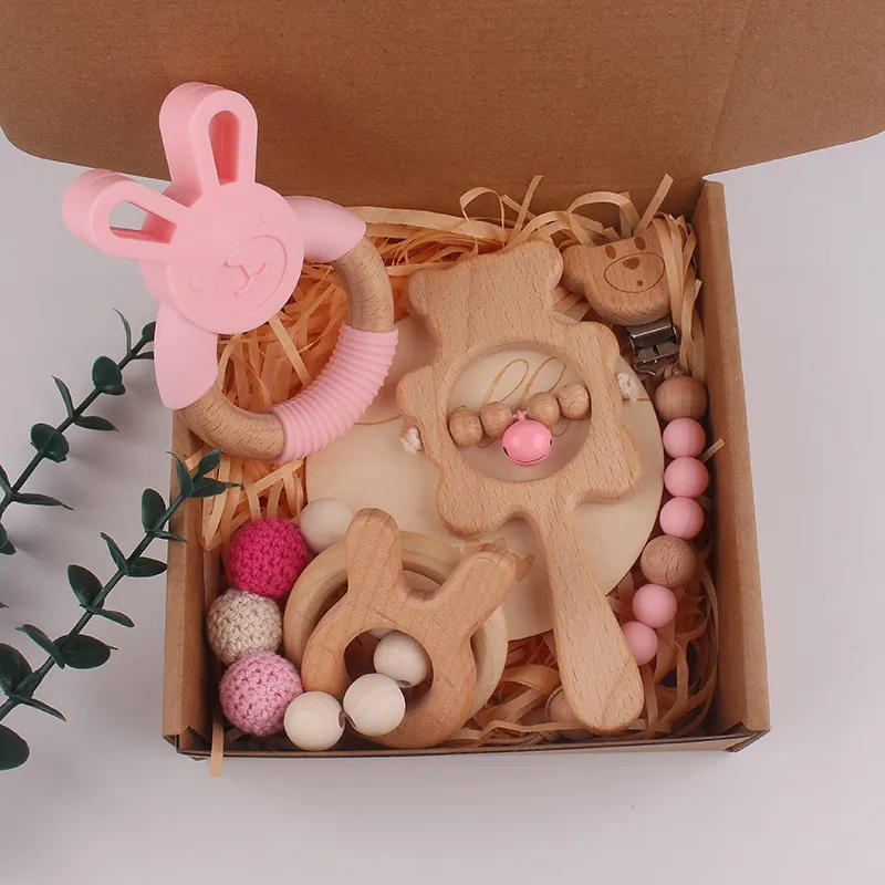 Ensemble de Dentition et Hochet en Bois de Hêtre et Silicone Avec Hochet Ours Clip Tétine Ours Perles au Crochet Cadeau de Jouet Sensoriel en Bois