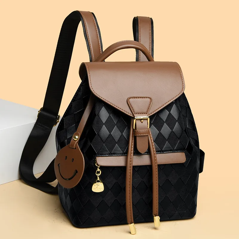 Women PU Leather Quilted Backpack Rhombus Pattern Drawstring Contrast Color Fashion Casual Daily Daypack Smiley Charm