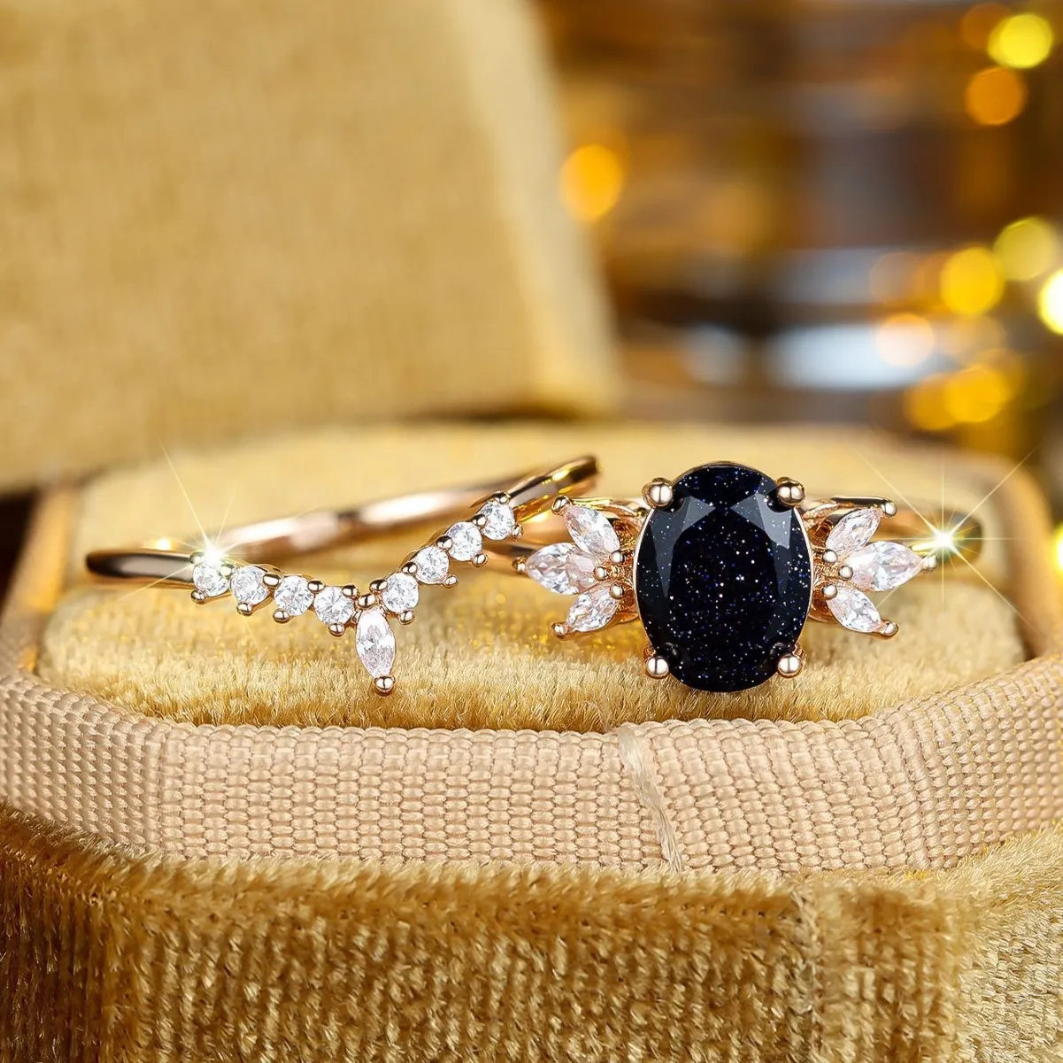 Vintage Koper Verguld Blauwe Zandsteen Ring Set Ovale Hoofdring En Gebogen Zirkonia Begeleidende Ring Voor Vrouwen Elegante Sieraden