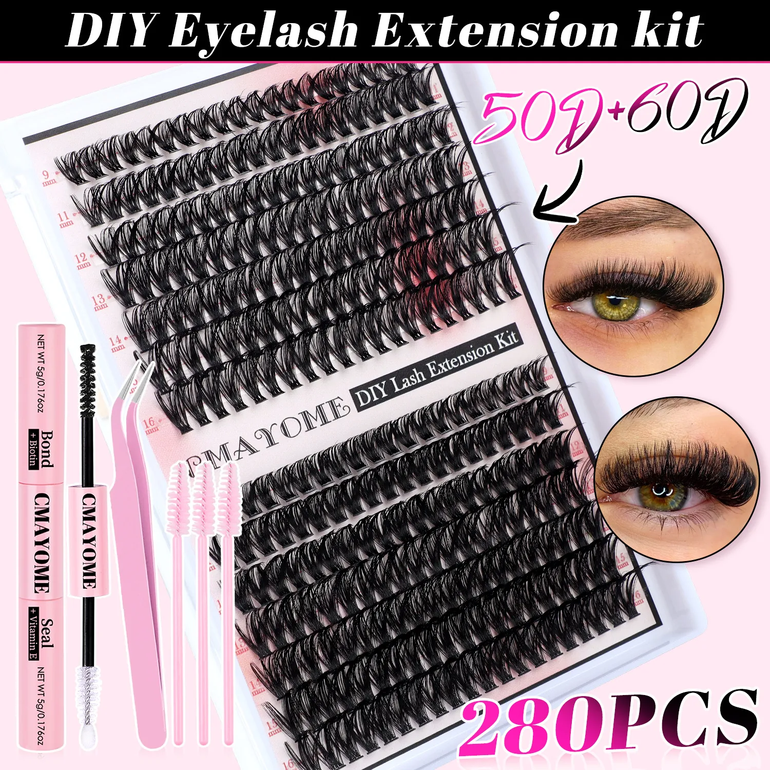 280PCS DIY Lash Extension Kit D Curl Cluster Lashes 9-16mm With Bond Seal Lash Glue Tweezer And Brushes For Women Makeup