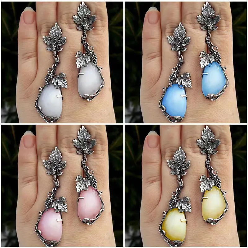 Vintage Dangle Earrings Antique Silver Metal Grape Vine Leaf Waterdrop Synthetic Cat Eye Stone Forest Style Women