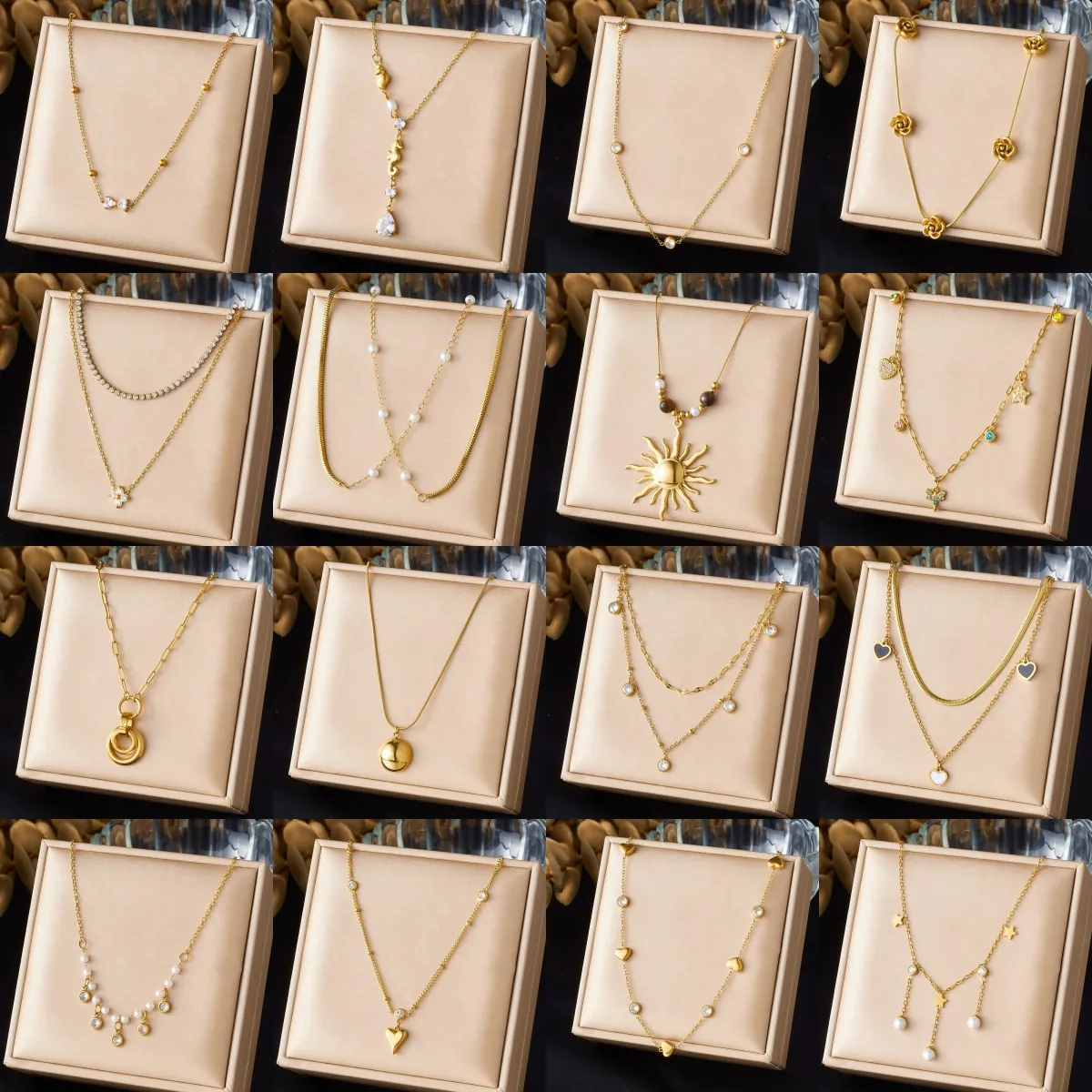 Vintage Stainless Steel Gold Plated Necklace For Women Butterfly Heart Star Moon Pendant Artificial Pearl Rhinestone Daily Jewelry