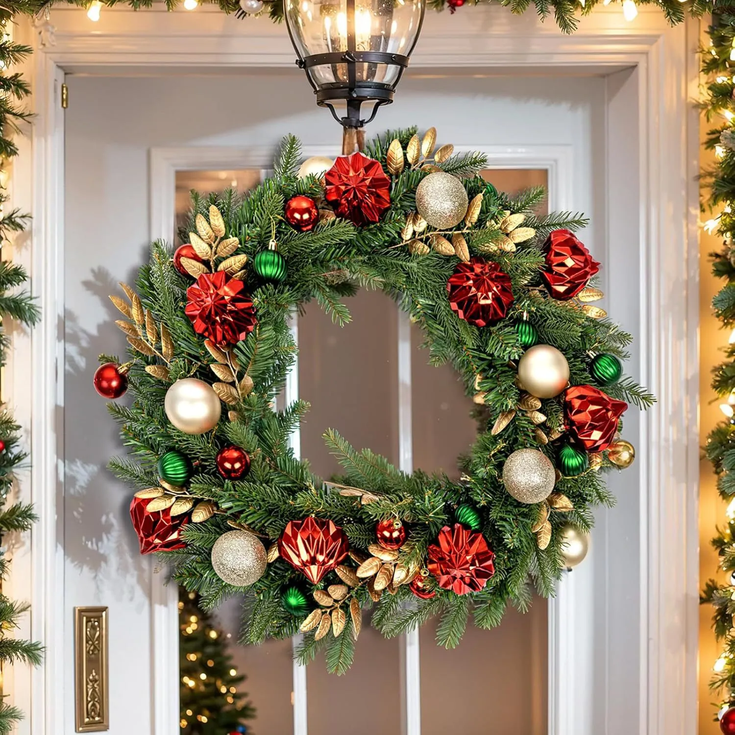 Artificial Christmas Wreath Red Ball Geometric Ornaments Green Pine Needle Gold Leaf For Front Door Wall Fireplace Decor