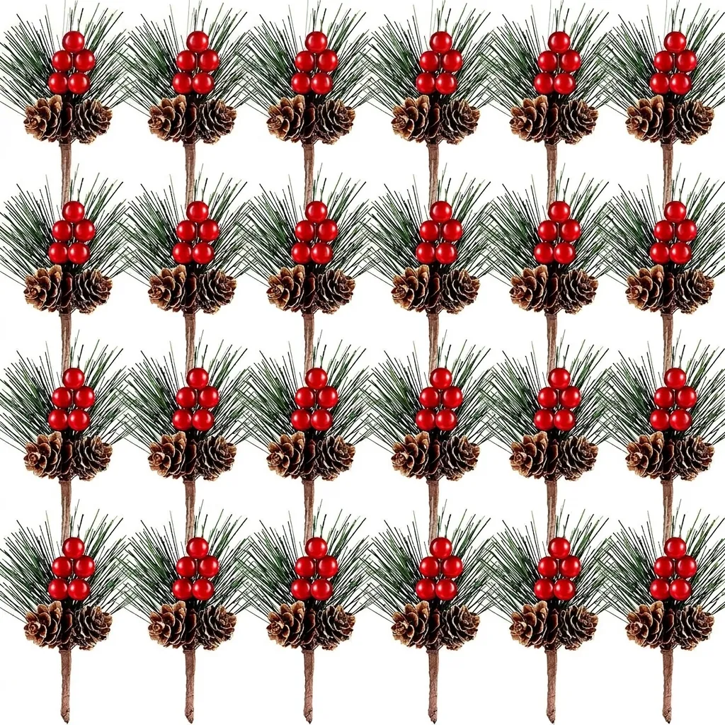 Pics D'aiguilles De Pin De Noël Artificielles Avec Baies Rouges Et Pommes De Pin Décoration Florale De Fête D'hiver DIY