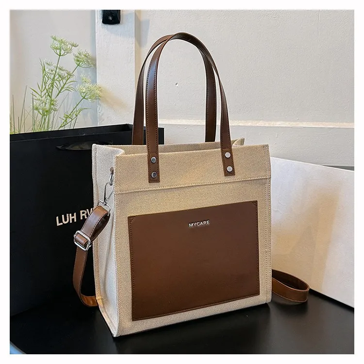 Women Canvas Tote Bag Contrast PU Leather Large Capacity Handbag Minimalist Urban Crossbody Shoulder Bag For Daily Commute