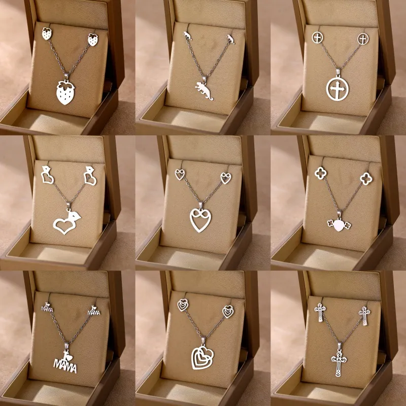 Stainless Steel Heart Cross Elephant Jewelry Necklace Earrings For Women Minimalist Polished Metal Accessory Gift Daily
