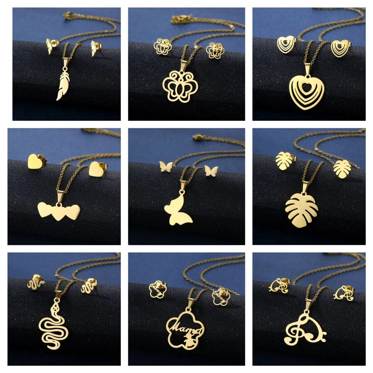 Stainless Steel Jewelry Set For Women Gold Plated Necklace Earrings Hollow Butterfly Heart Snake Cactus Floral Jewelry Gift
