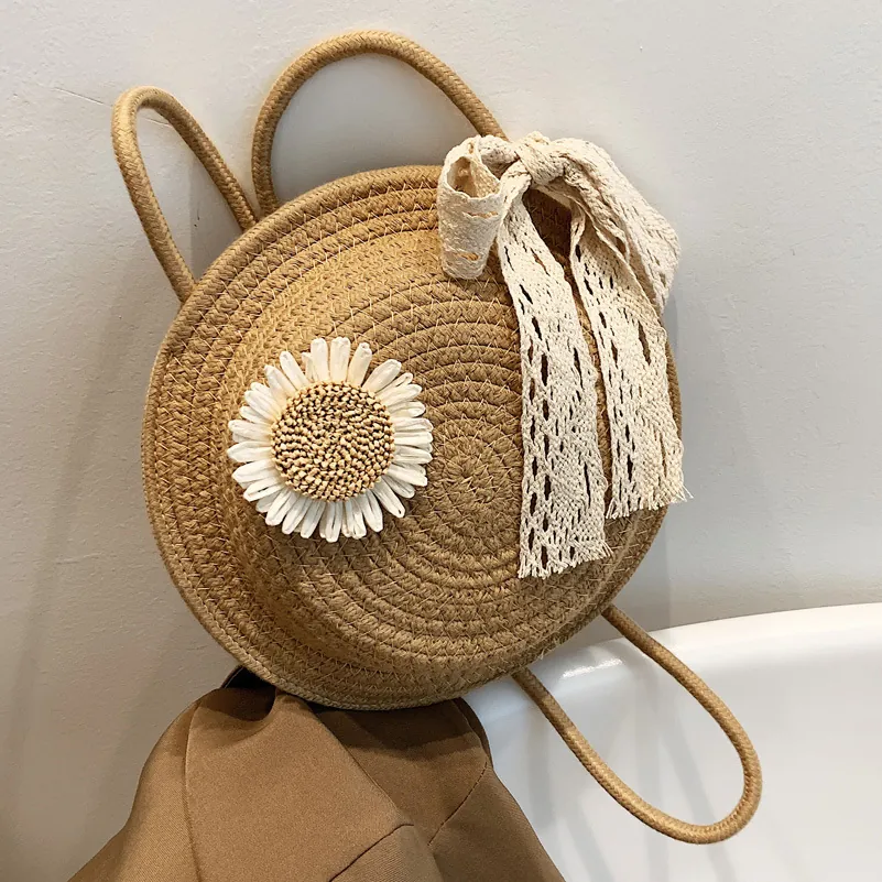 Women Summer Straw Woven Round Shoulder Bag With Daisy Flower And Lace Bow Bohemian Beach Vacation Crossbody Bag