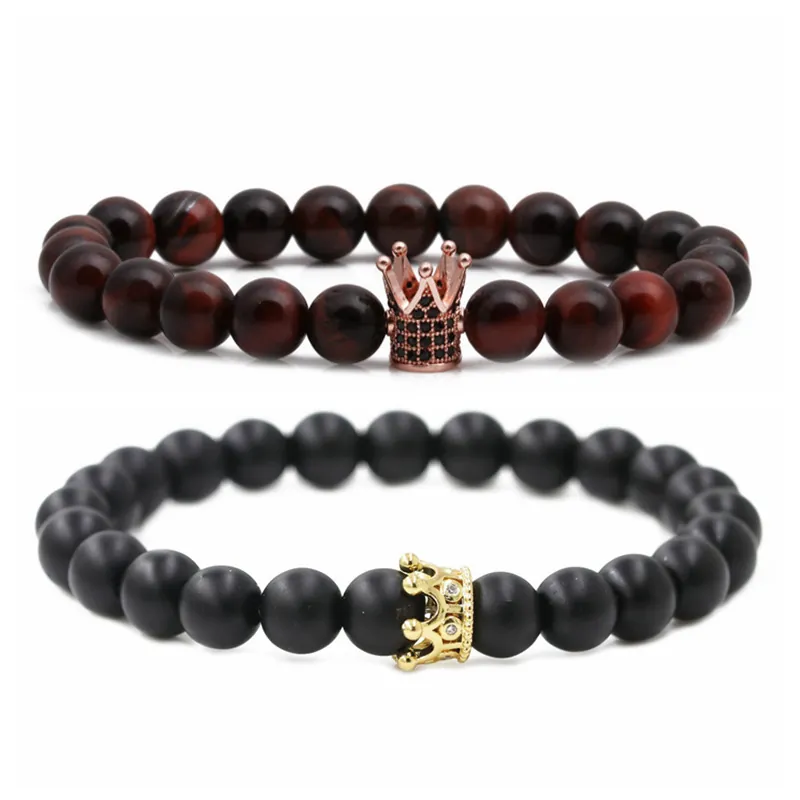 Bracelet de Perles en Pierre Naturelle Avec Couronne en Alliage Zirconium Oeil de Tigre Agate Mate Élastique Bijoux Cadeau Pour Homme Femme