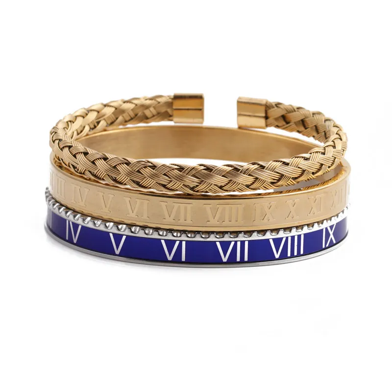 Stainless Steel Roman Numeral Open Cuff Bracelet Enamel Braided Cable Texture Adjustable Bangle Unisex Fashion Jewelry Combination