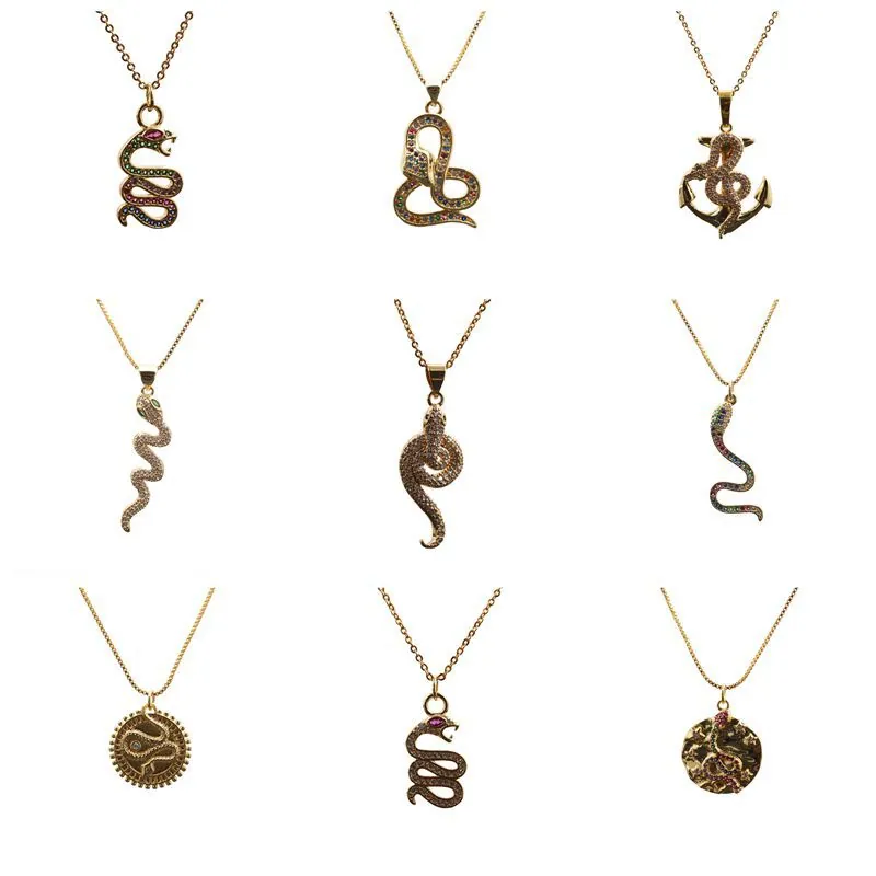 Collar de Pendiente de Serpiente de Cobre Chapado en Oro de Lujo para Mujer Micro Incrustación de Zirconia de Colores Ancla Animal Cadena de Caja Joyería Regalo